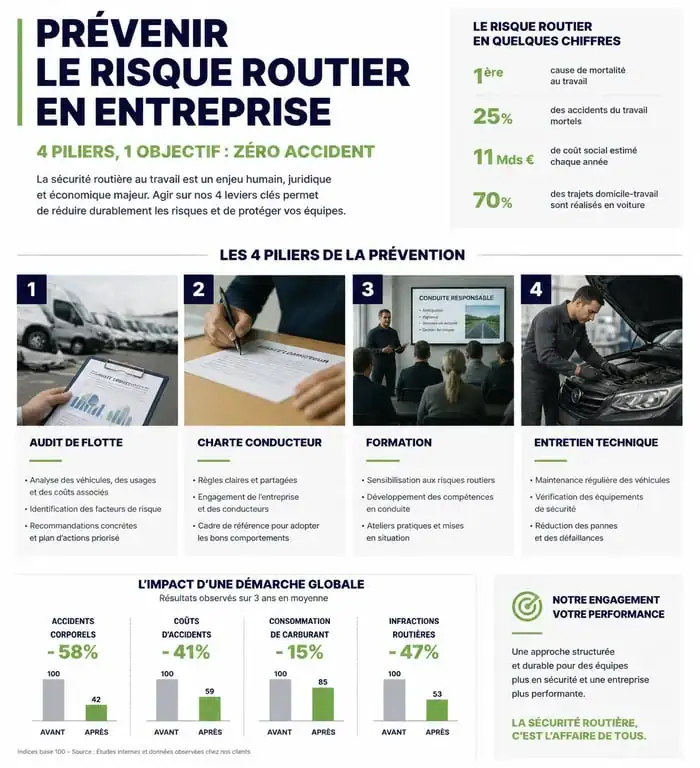 Infographie sur les piliers de la prévention du risque routier en entreprise