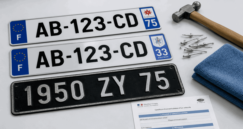Plaques d'immatriculation françaises sur établi avec outils