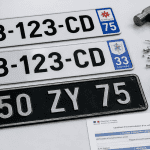 Plaques d'immatriculation françaises sur établi avec outils