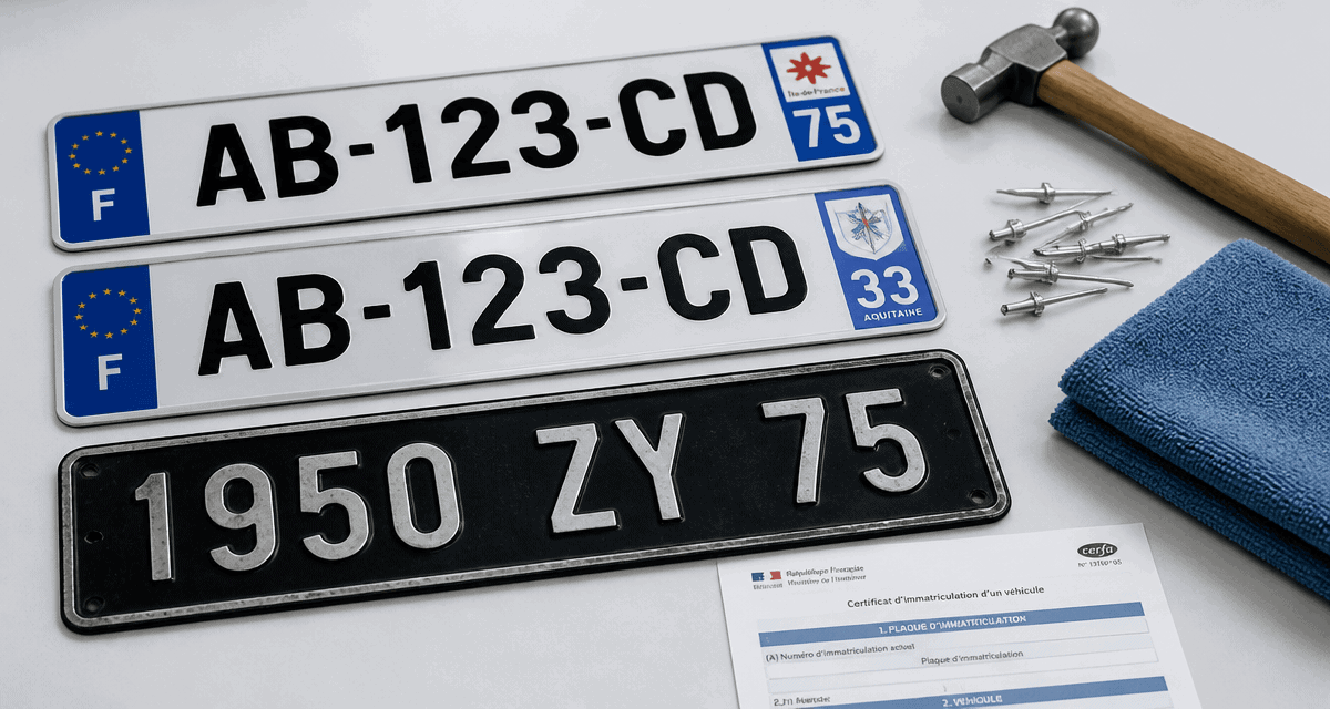 Plaques d'immatriculation françaises sur établi avec outils