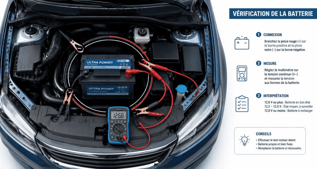 Recharger batterie voiture avec câbles et multimètre