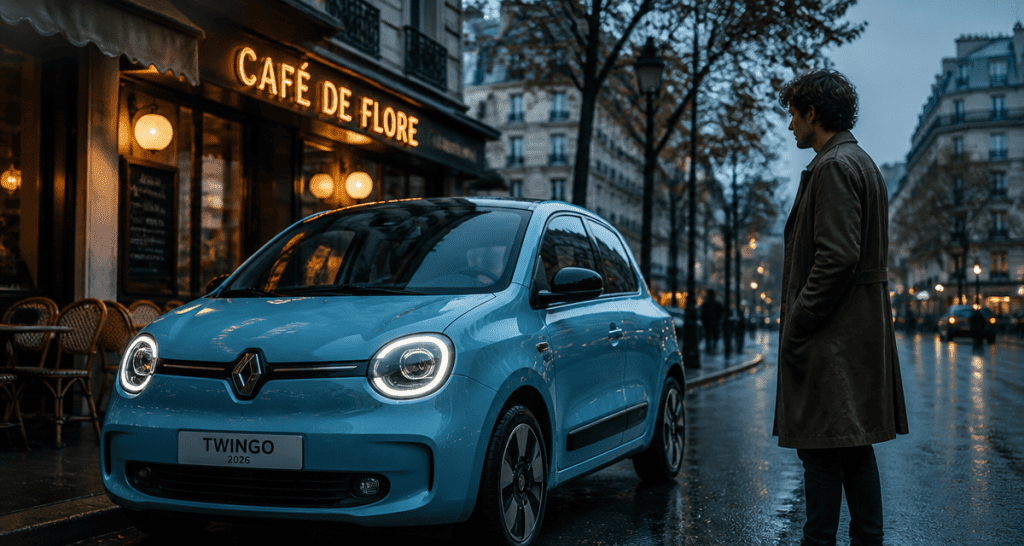 Twingo 2026 bleu pastel devant café à Paris