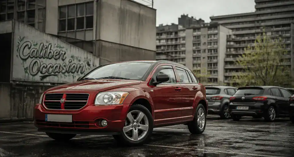 chrysler dodge caliber rouge sur parking urbain