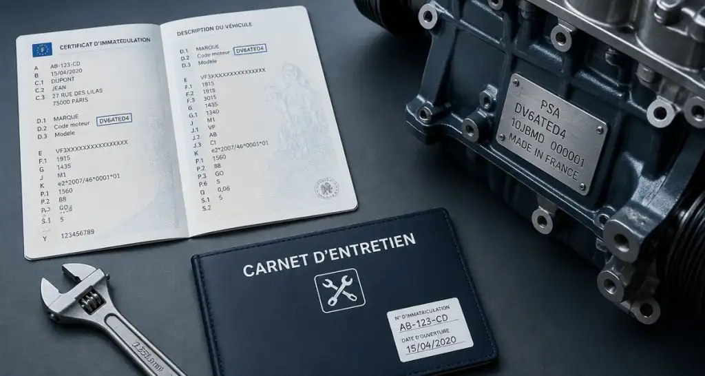 code moteur carte grise sur bureau avec carnet et bloc moteur