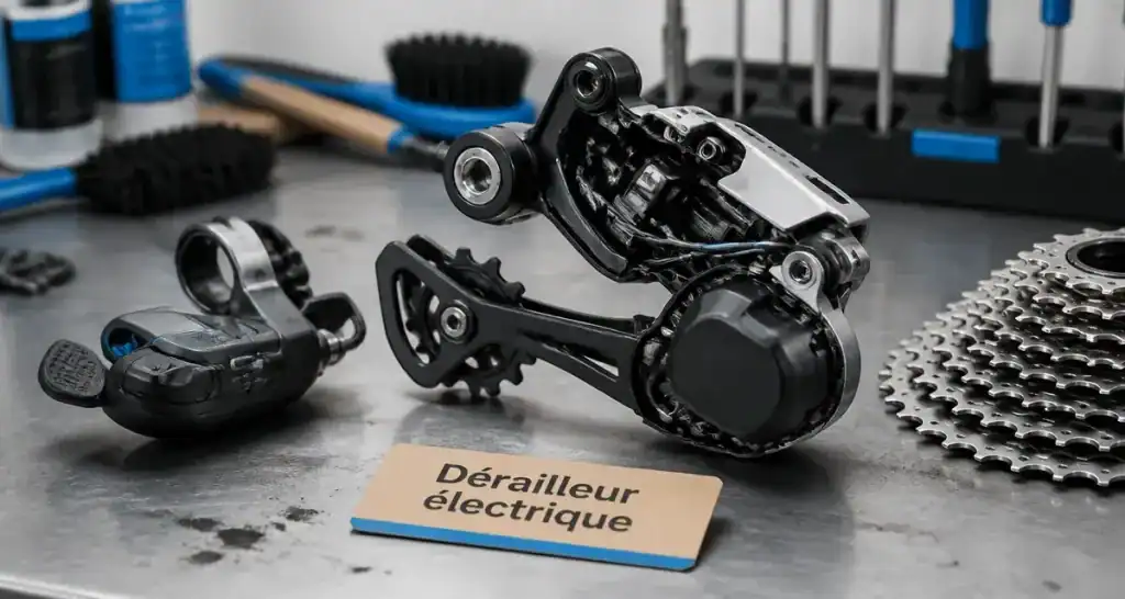 derailleur electrique sur établi vélo, câble et boîtier moteur visibles