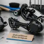 derailleur electrique sur établi vélo, câble et boîtier moteur visibles