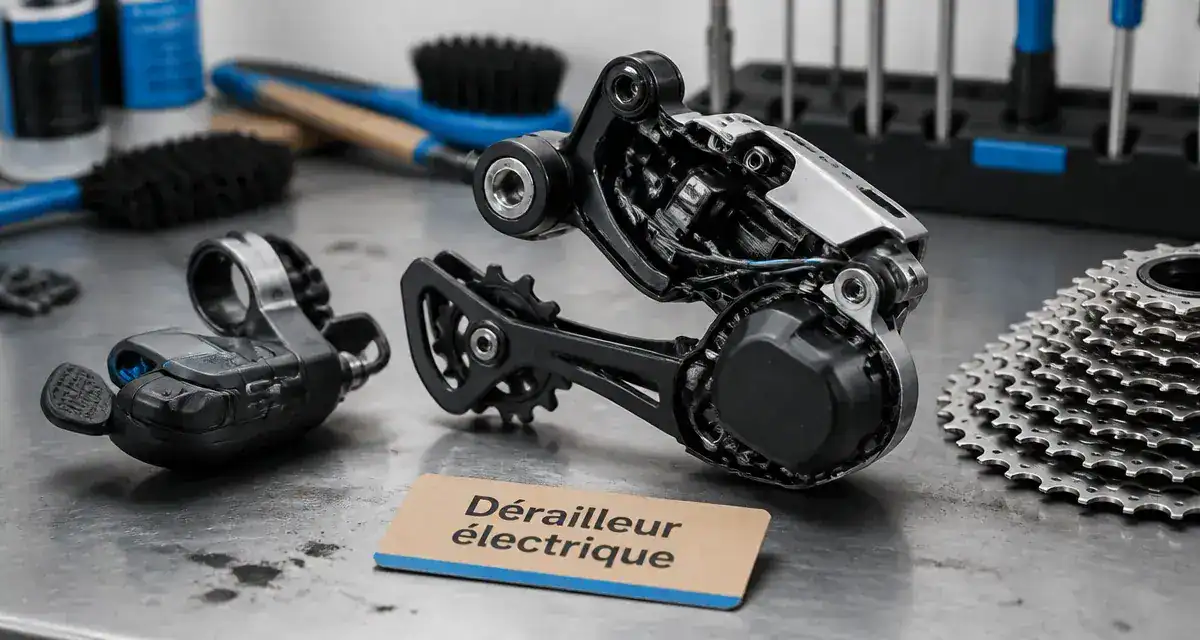 derailleur electrique sur établi vélo, câble et boîtier moteur visibles