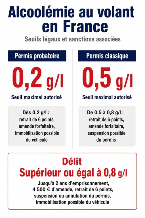 Infographie des seuils et sanctions pour alcool au volant en France