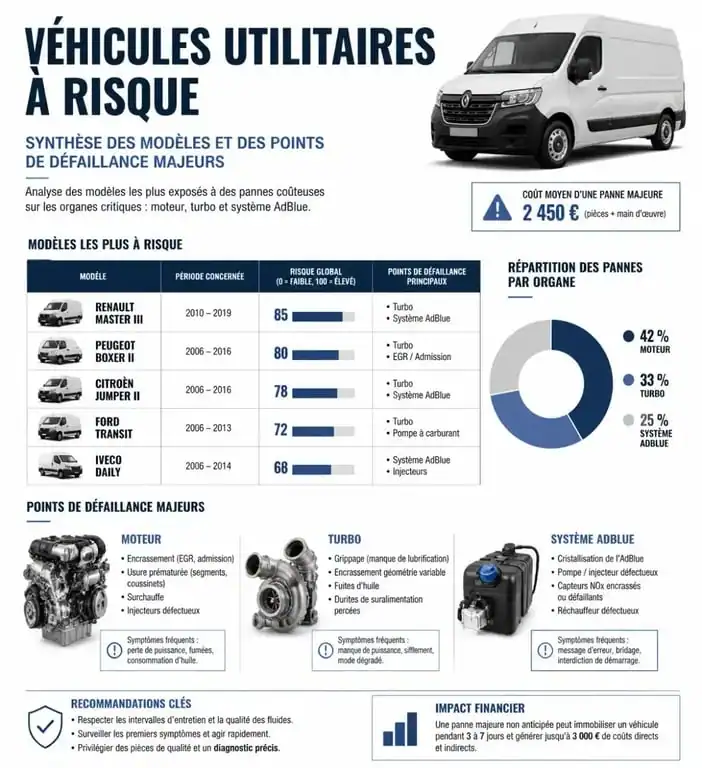 Infographie des modèles d'utilitaires à éviter et points de vigilance mécanique pour l'achat d'occasion