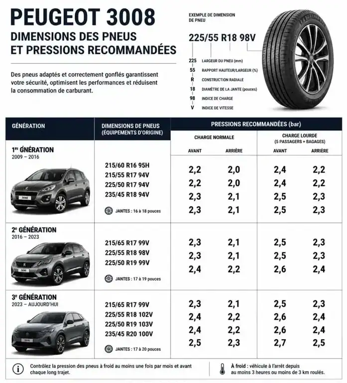 Infographie des dimensions et pressions de pneu 3008 par génération