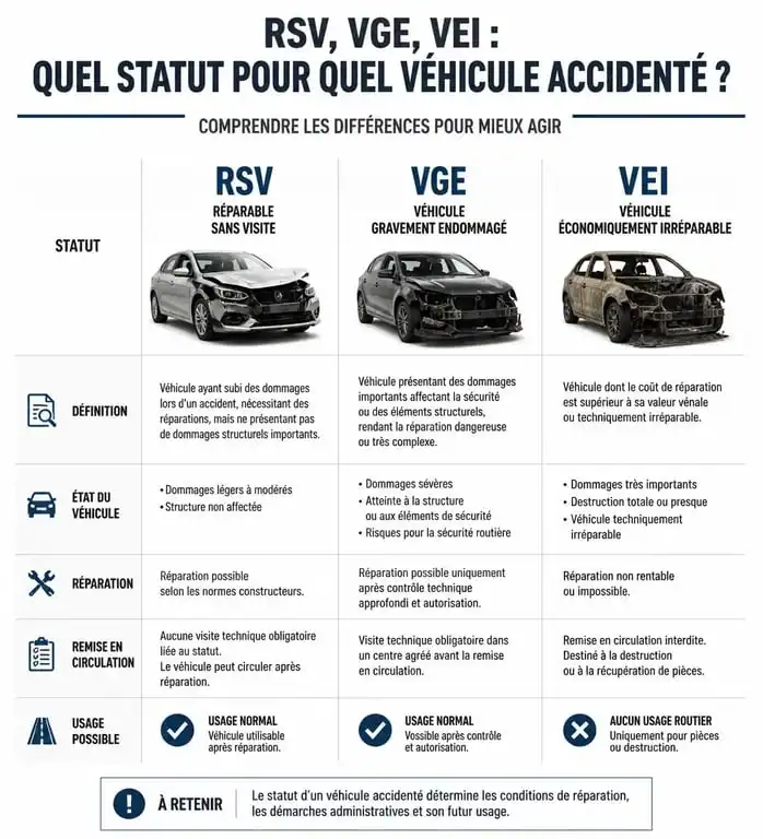 Tableau comparatif des statuts de véhicule accidenté RSV, VGE et VEI pour comprendre les conséquences administratives
