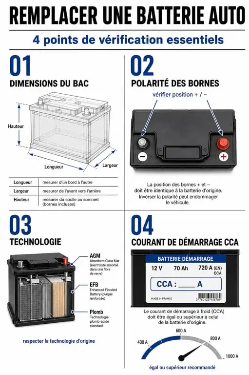 Infographie des points de vérification pour remplacer une batterie 60Ah par une 70Ah en toute sécurité