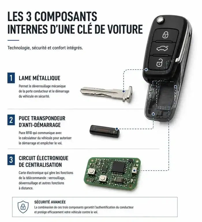 Schéma des composants d'une clé de voiture centralisée : lame, transpondeur et circuit électronique