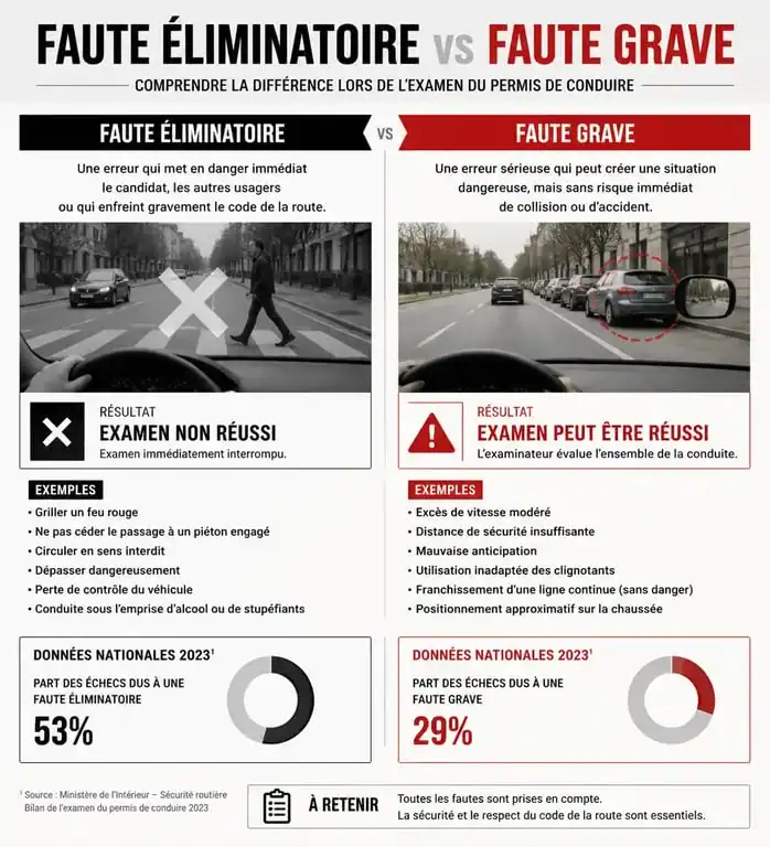Infographie comparative faute éliminatoire vs faute grave permis de conduire
