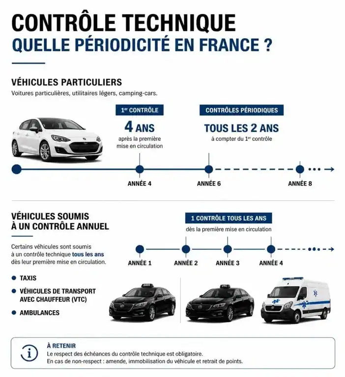 Infographie de la périodicité du contrôle technique annuel voiture en France