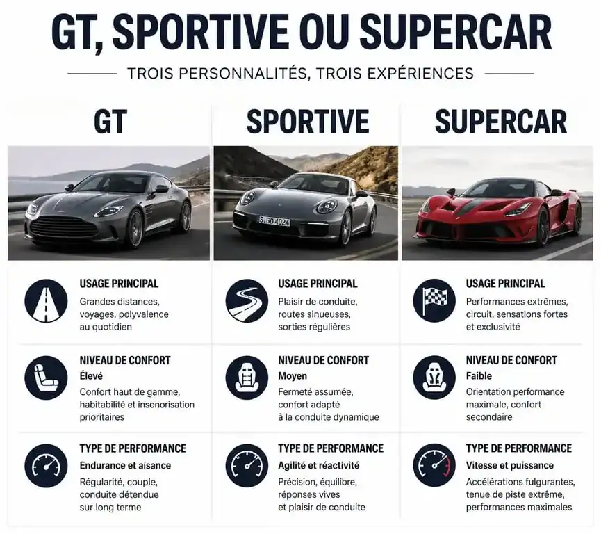 Infographie comparative : différence entre voiture GT, sportive et supercar