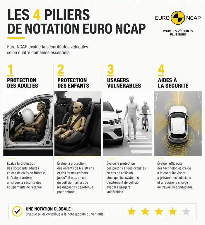Infographie des 4 domaines d'évaluation d'un crash test Euro NCAP pour la sécurité des véhicules