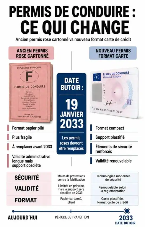 Infographie comparative : ancien permis de conduire rose vs nouveau permis format carte
