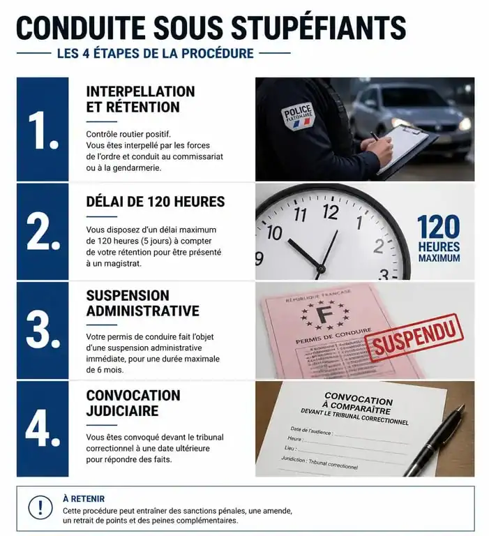 Chronologie de la procédure administrative et judiciaire pour une conduite sous stupéfiant première fois