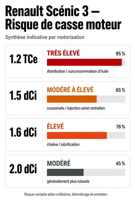 Infographie des niveaux de risque de casse moteur par motorisation sur Renault Scénic 3