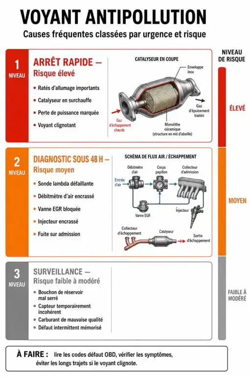 Tableau récapitulatif des causes et risques du voyant antipollution allumé sans perte de puissance