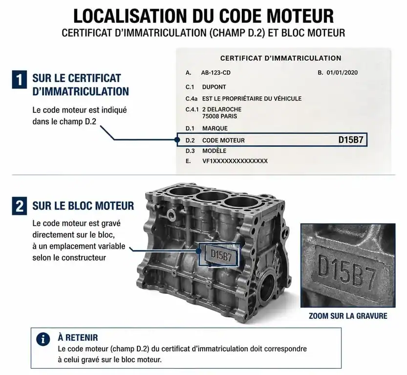 Localisation du code moteur sur carte grise et bloc moteur pour identification véhicule
