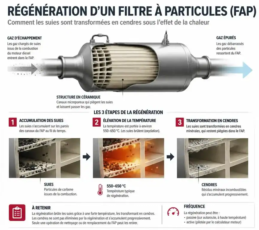 Schéma explicatif du fonctionnement et de la régénération du filtre à particules pour éviter le risque de colmatage