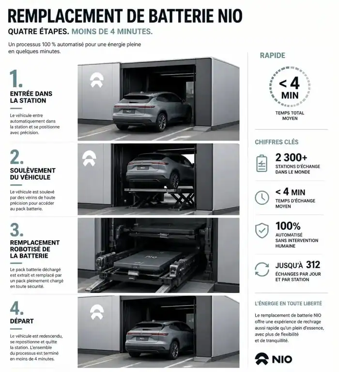 Infographie du processus de battery swapping de Nio pour les véhicules électriques