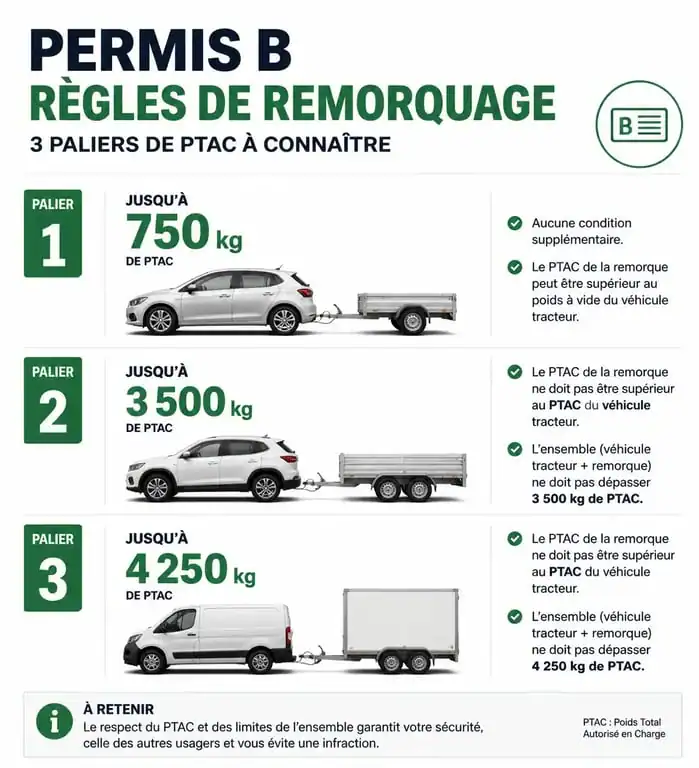 Infographie des règles de remorquage et catégories de permis VL