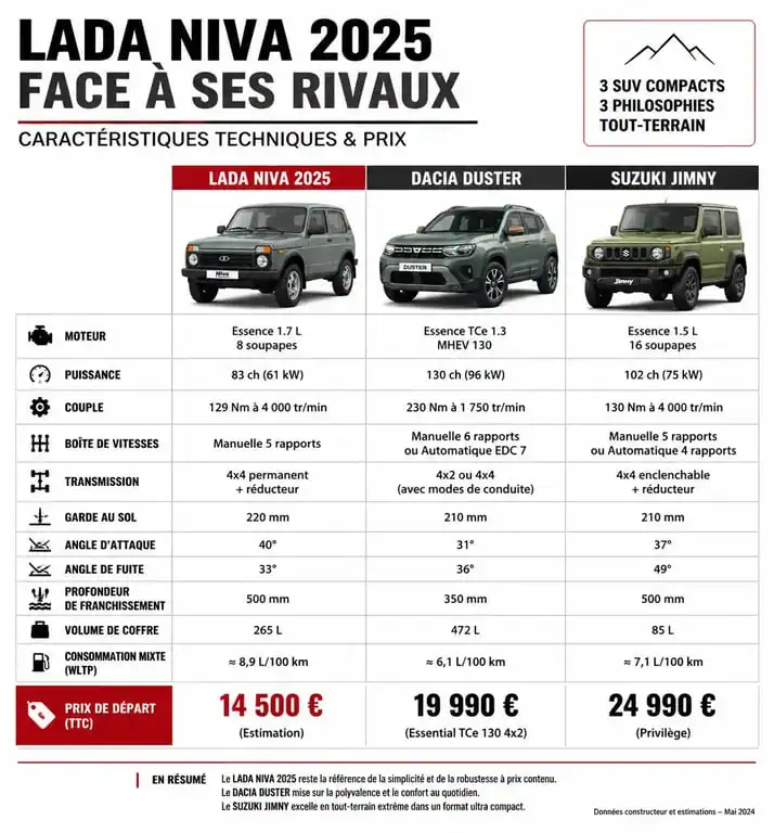 Comparatif technique et prix Lada Niva 2025, Dacia Duster et Suzuki Jimny