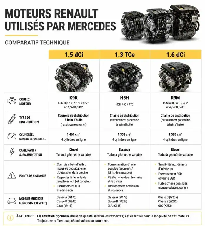 Tableau comparatif de la fiabilité et des caractéristiques des moteurs Renault montés sur les véhicules Mercedes.