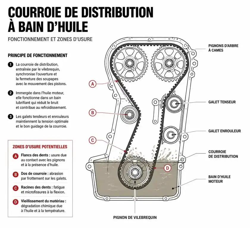 Schéma explicatif du fonctionnement d'une courroie de distribution à bain d'huile sur un moteur PureTech