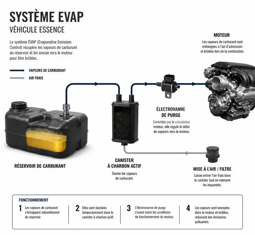 Schéma de fonctionnement du système canister voiture et du circuit EVAP
