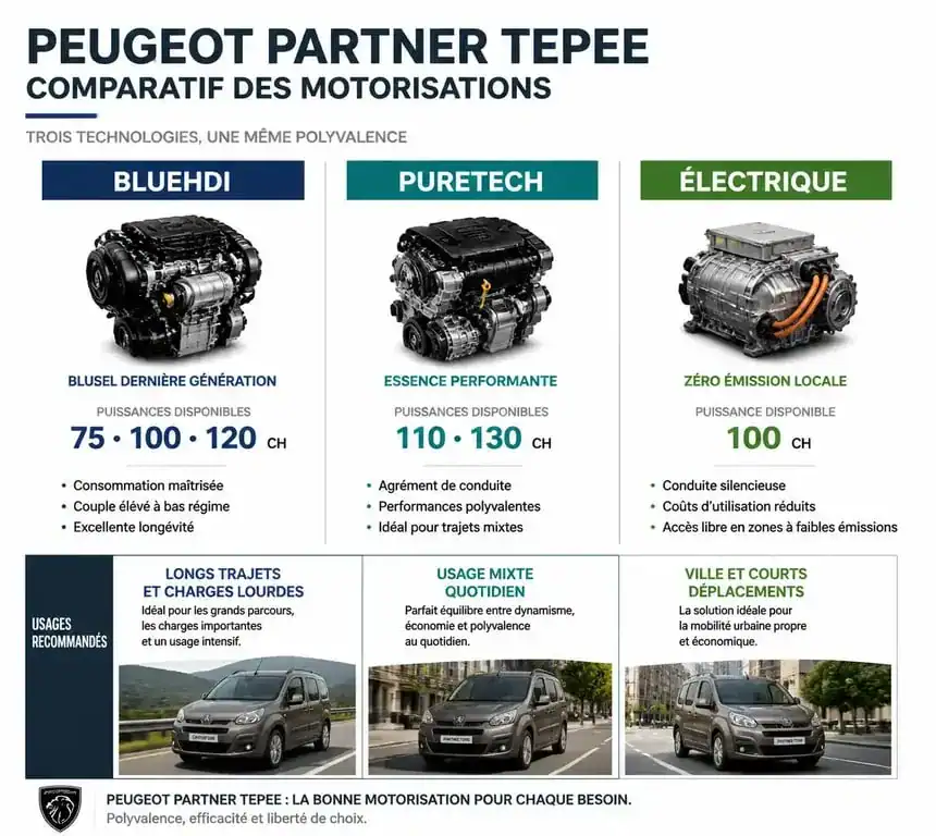 Infographie des motorisations et caractéristiques techniques du Peugeot Partner Tepee