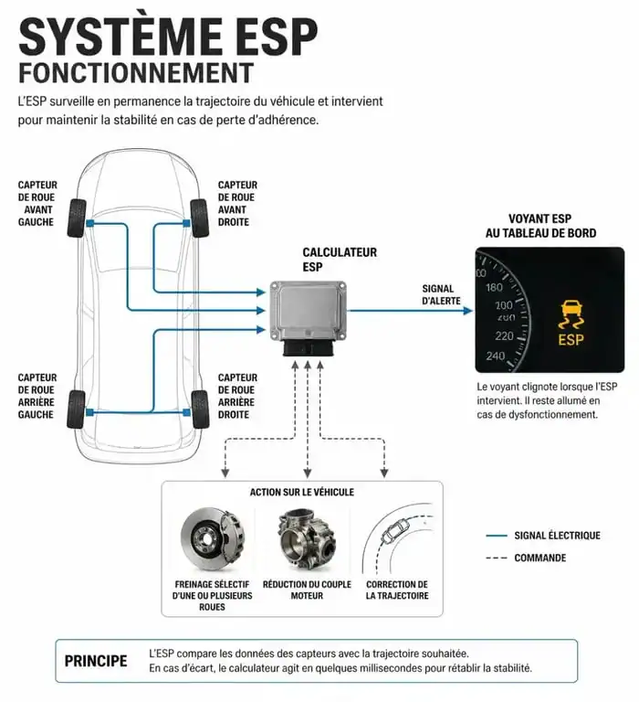 Schéma explicatif du fonctionnement du voyant voiture qui glisse et du système ESP
