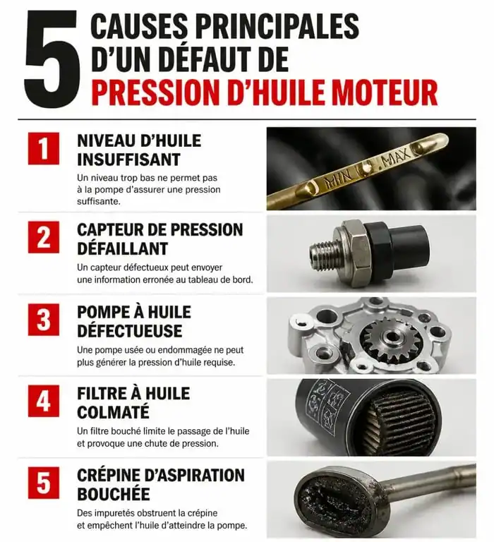 Infographie des causes du défaut pression huile moteur arrêtez le véhicule