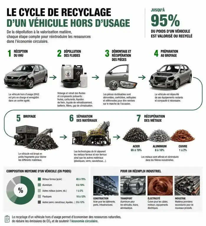 Infographie sur le processus de recyclage d'une casse auto 77 et la valorisation des matières premières