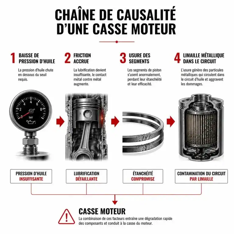 Schéma explicatif des causes techniques du risque casse moteur et défaillances mécaniques