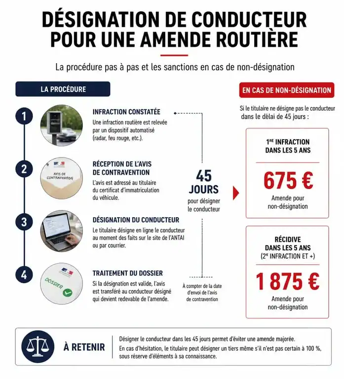 Infographie des étapes de la procédure de dénonciation amende et sanctions pour non-désignation