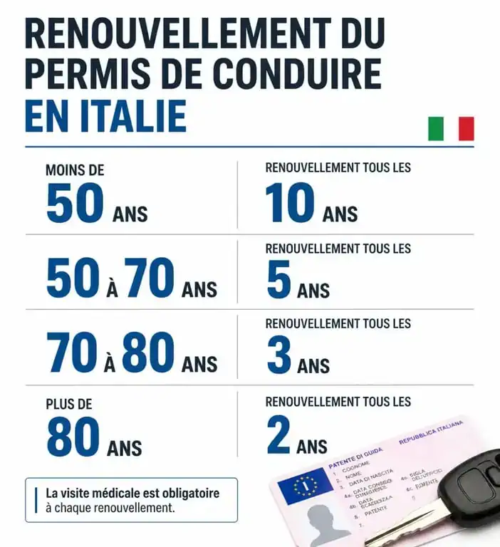 Tableau récapitulatif de la validité du permis de conduire italien selon l'âge