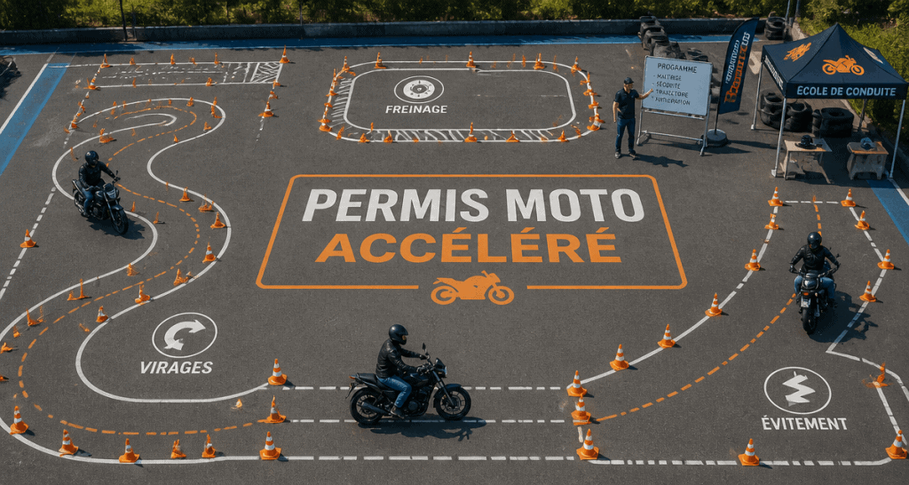 permis accéléré moto sur plateau avec moniteur