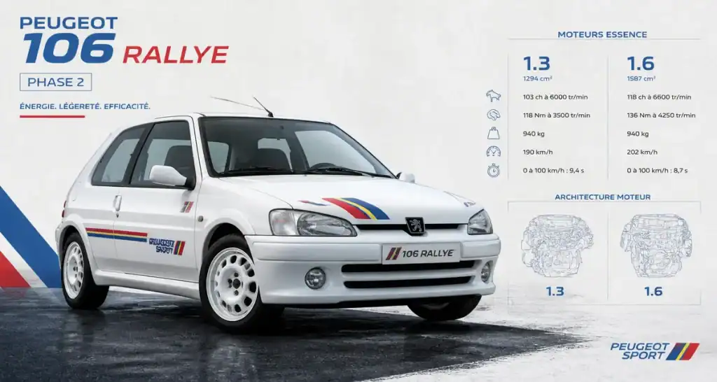 Peugeot 106 Rallye blanche phase 2 vue avant avec schéma moteurs