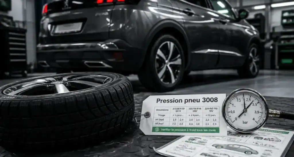 Pneu 3008 : dimensions et pressions, roue et manomètre en atelier