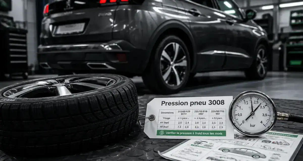 Pneu 3008 : dimensions et pressions, roue et manomètre en atelier