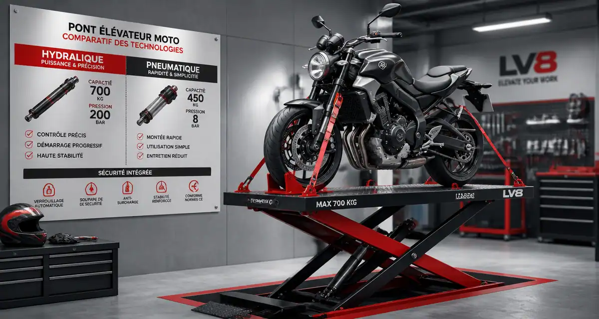 Pont moto avec moto roadster sanglée et infographie sécurité