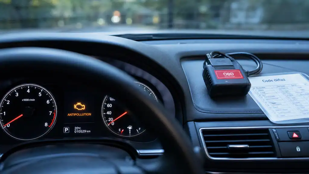 Voyant antipollution allumé sans perte de puissance sur tableau de bord voiture