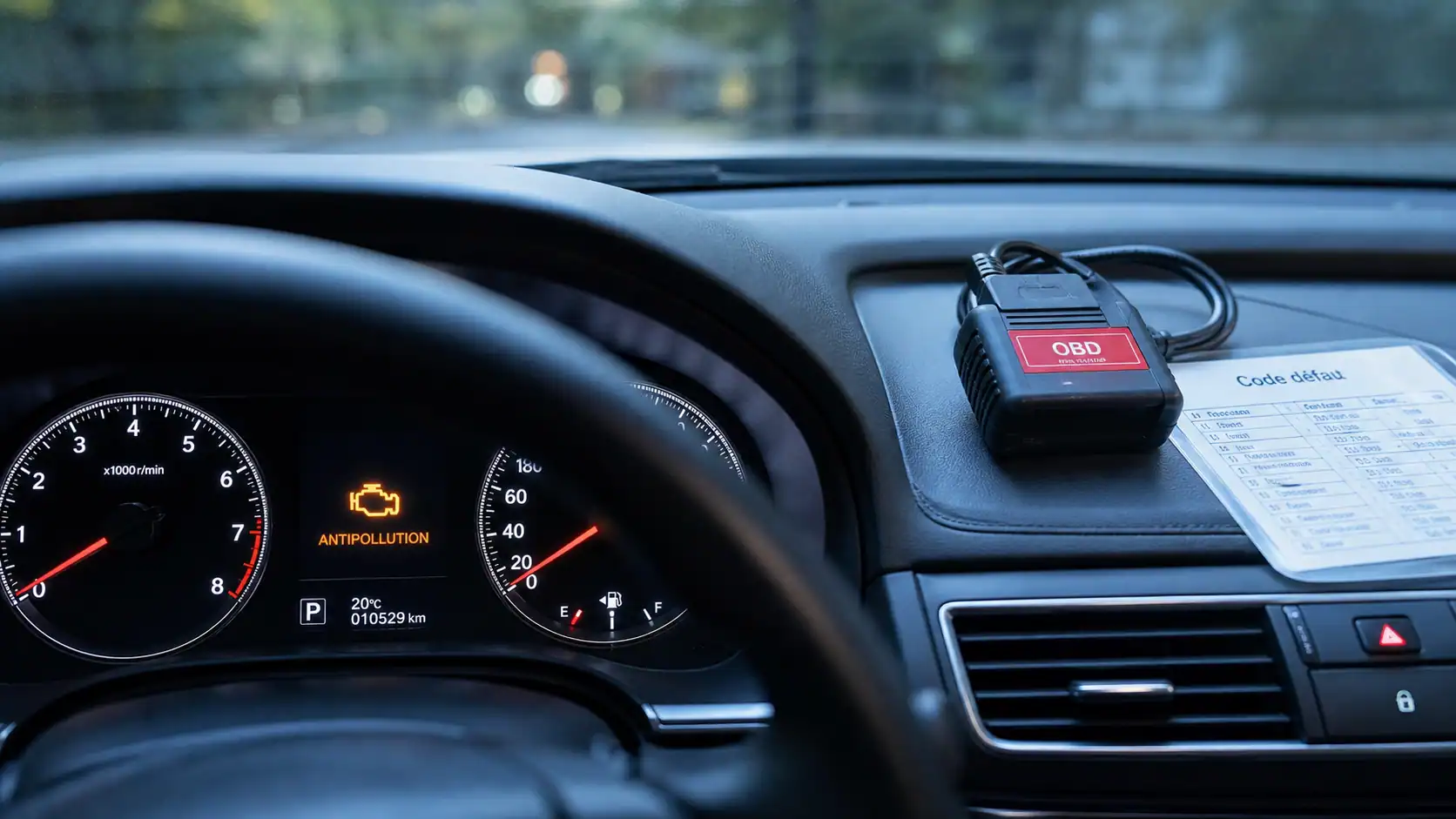 Voyant antipollution allumé sans perte de puissance sur tableau de bord voiture