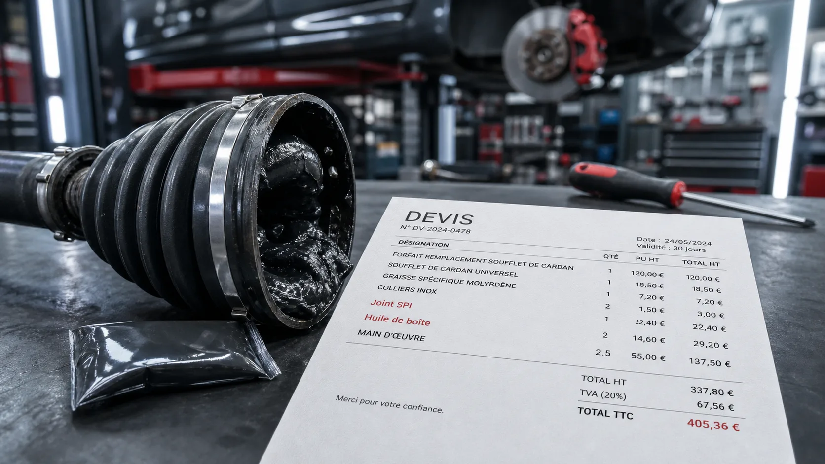 Changement soufflet de cardan prix 185 à 339 € : devis joint SPI et huile