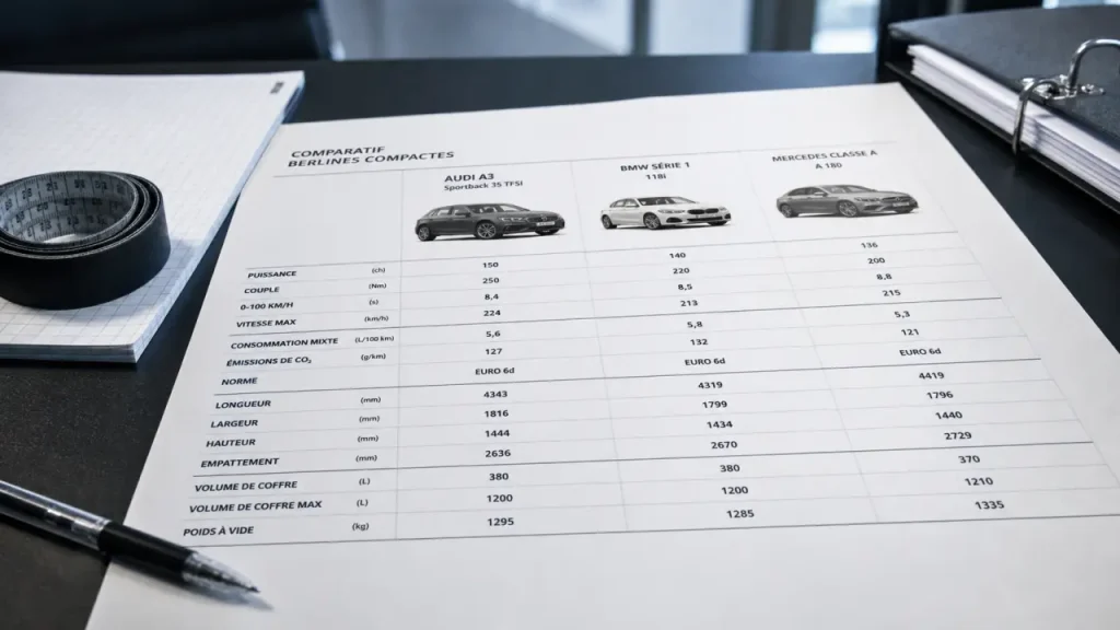 Comparer des fiches techniques de voiture sans se tromper : puissance, coffre, consommation