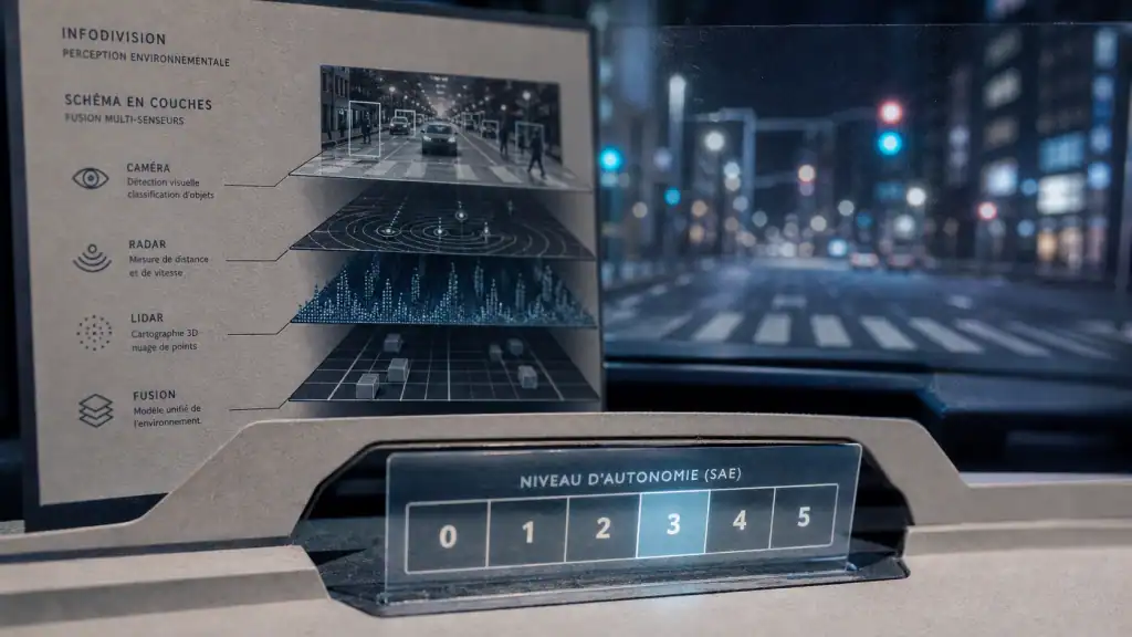 Conduite autonome : niveaux de sécurité SAE 0 à 5, caméras et capteurs